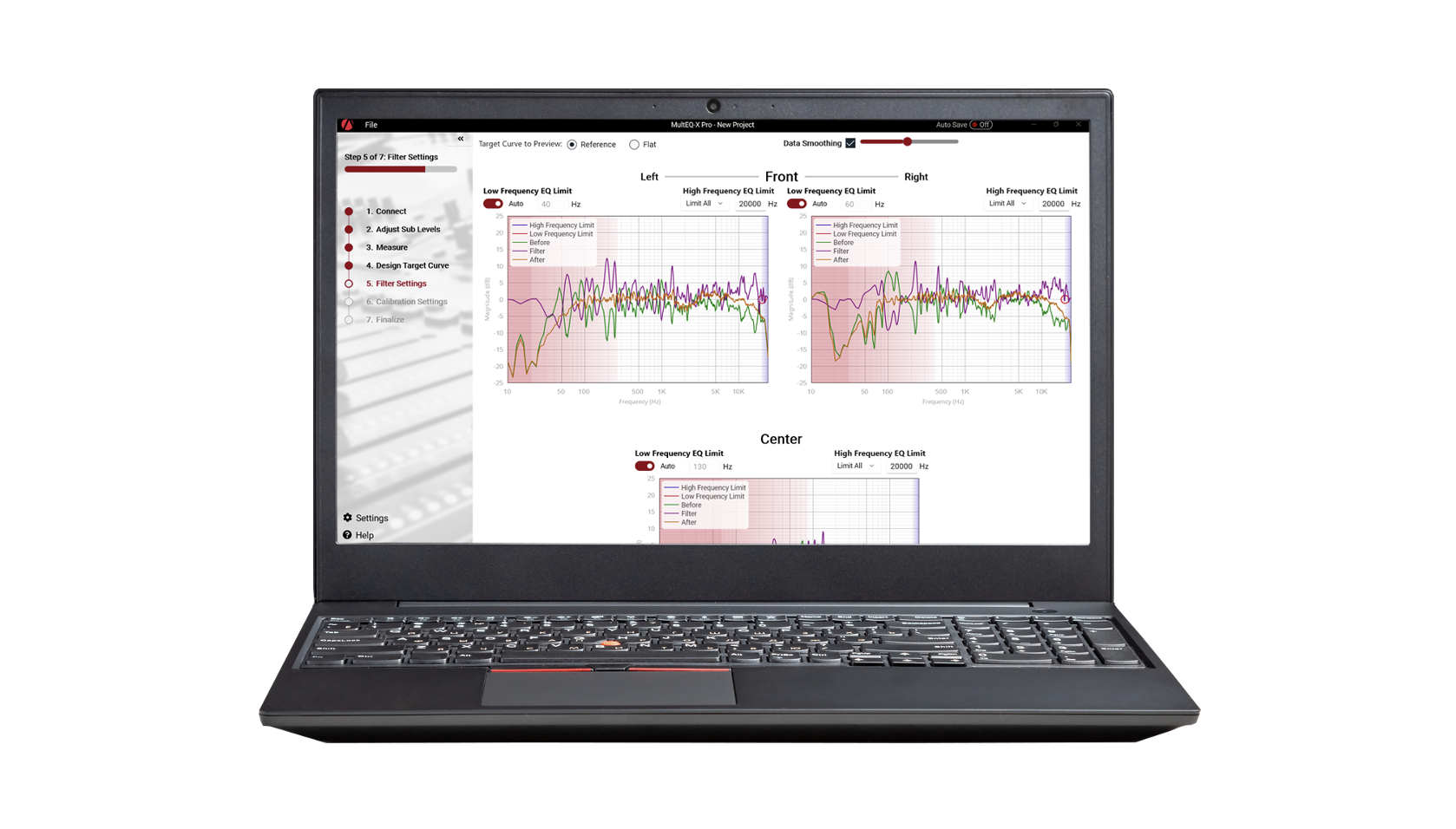 Audyssey MultEQ-X Pro software screen shot on an open laptop